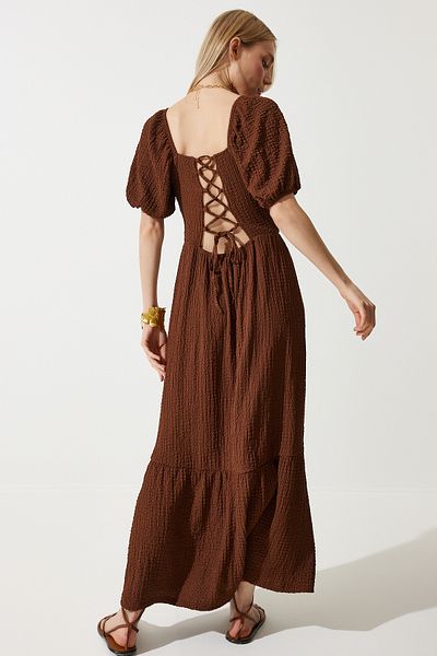 Lovelyİstanbul Καλοκαιρινό πλεκτό φόρεμα με υφή - Sweetheart Collar, Brown, Lub0010