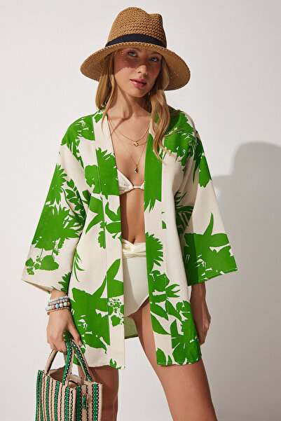 Lovelyİstanbul Desenli Keten Viskon Kimono BEJ YEŞİL LBH0005