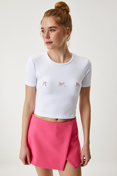 Lovelyİstanbul Tricou Alb Tricotat Crop - Detaliat Arc Lmc0005