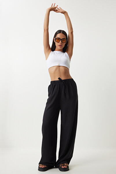 Lovelyİstanbul Pantaloni negri din viscoză Palazzo - Lbh0003