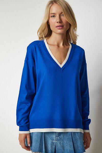 Lovelyİstanbul Pulover de tricotaj oversize albastru cu decolteu în V - Lbv0022