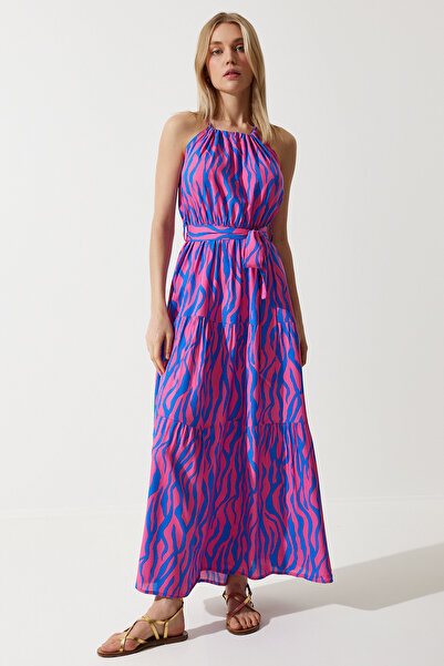 Lovelyİstanbul Καλοκαιρινό φόρεμα βισκόζης με λαιμόκοψη φούξια μπλε Lzv0004