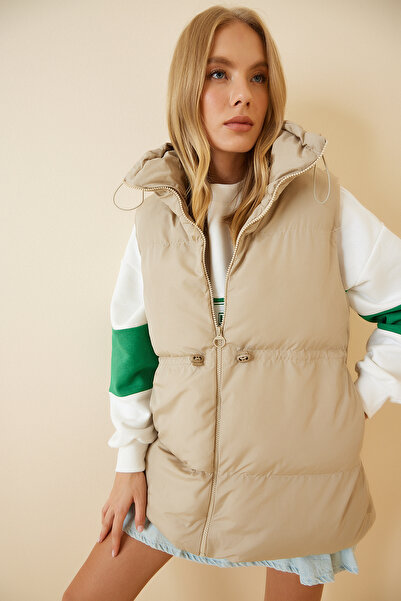 Lovelyİstanbul Oversize πουπουλένιο γιλέκο - ζιβάγκο, κορδόνι, ανοιχτό μπεζ LRV0045