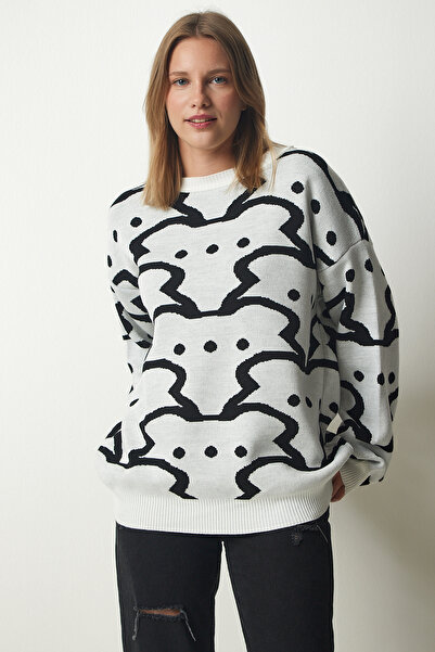 Lovelyİstanbul Дебел плетен пуловер с шарка в екрю - Lkb0004