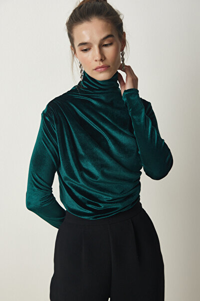 Lovelyİstanbul Σμαραγδένια Πράσινη Κομψή Βελούδινη Μπλούζα - Κολάρο με κορδόνι, Lff0019