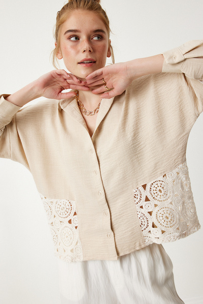 Lovelyİstanbul Cămașă din in țesut cu dantelă BEIGE LTP0001