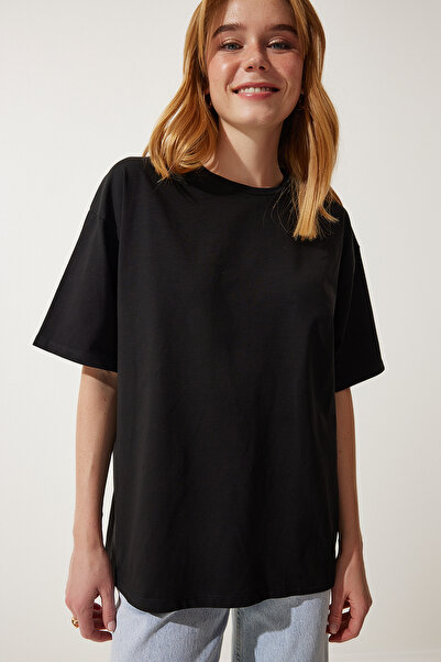 Lovelyİstanbul Basic Oversize Örme T-shirt SİYAH LHW0003