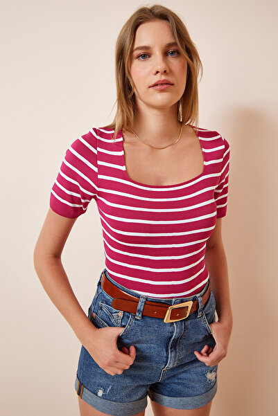 Lovelyİstanbul Ροζ τετράγωνο γιακά πλεκτό μπλούζα - Lyg0001