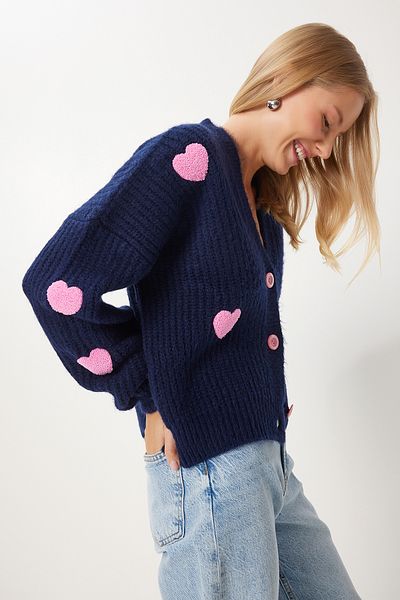Lovelyİstanbul Cardigan tricot supradimensionat cu motiv inimă ALBASTRU ÎNCHIS LPF0050