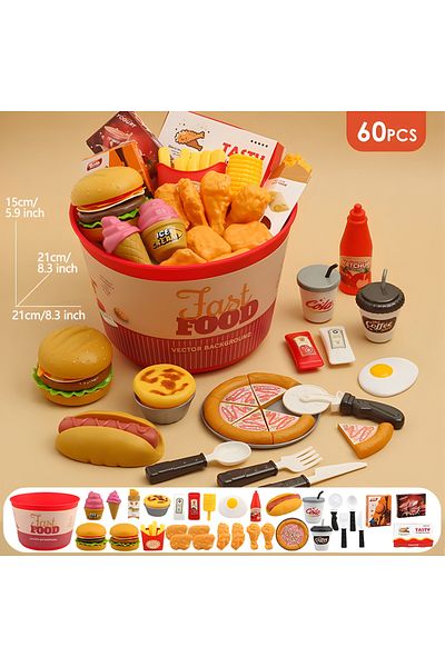 Choice 60pcs Kids Pretend Fast Food Kitchen Cooking Set - Interactive Hamburger And Fried Chicken Toy - Per