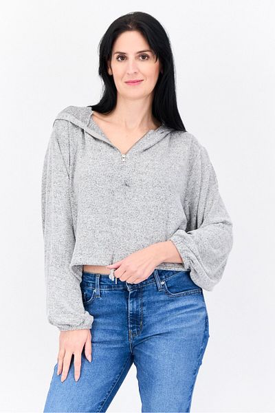 Brave Soul Women Hooded Long Sleeve Heather Crop Sweatshirt, Grey
