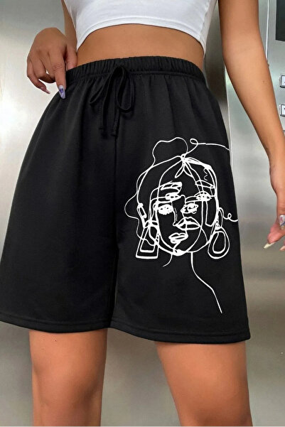 Wish BF Kadın Siyah Penye Uzun Şort Figür Baskılı