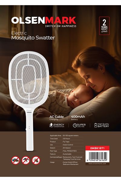 Olsenmark Electric Mosquito Swatter, insect bat OMBK1871 Rechargeable, Long Life Battery 2 Years Warranty