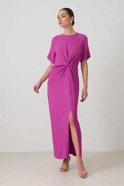 Setre Fuchsia Waist Drawstring Detail Crew Neck Short Sleeve Long Dress