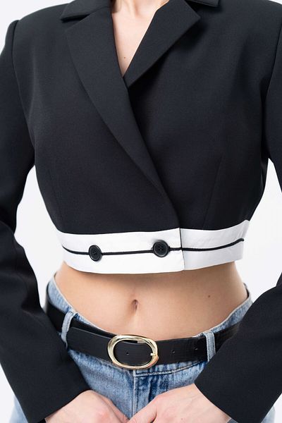 Saade Black Garni Detailed Double Breasted Crop Blazer Woven Jacket