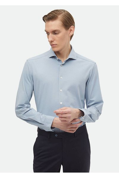 Ramsey Blaues, schlichtes, lässiges Strickhemd aus Baumwollmischung in normaler Passform