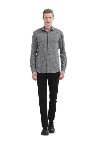 Ramsey Grau gestreiftes Slim Fit Strick-Freizeithemd aus 100 % Baumwolle