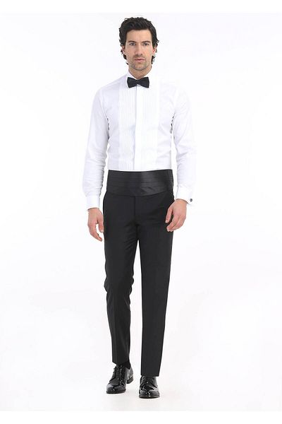 Ramsey Weißes, schlichtes Slim Fit Smokinghemd mit Doppelmanschette und klassischem Kragen
