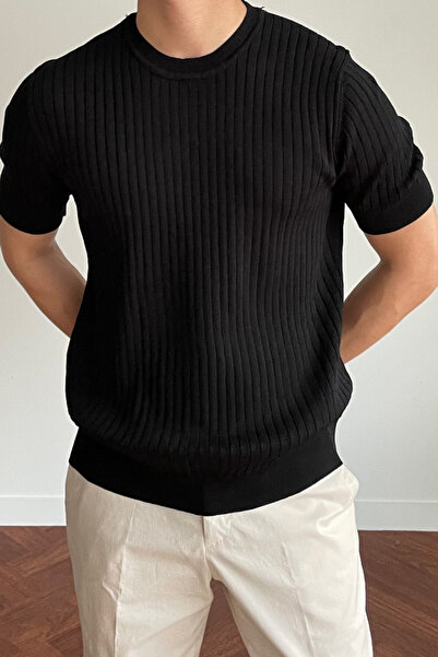 COOL TARZ Men's Black Ribbed Slim Fit Crew Neck Knitwear T-Shirt