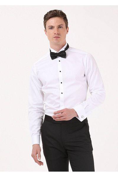 Ramsey Weißes, schlichtes Slim Fit Smokinghemd mit Kläppchenkragen und Doppelmanschette