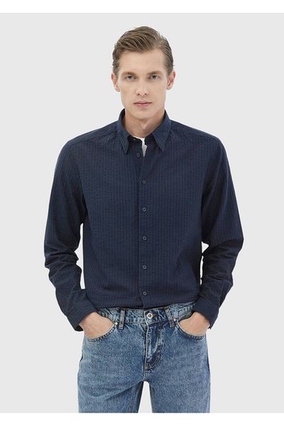 Ramsey Marineblaues gestreiftes Casual Fit Weaving Casual Hemd aus 100 % Baumwolle