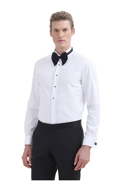 Ramsey Weißes, schlichtes Slim Fit Smokinghemd mit Kläppchenkragen und Doppelmanschette