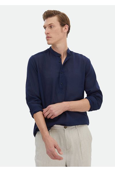 Ramsey Marineblaues, schlichtes, lässiges Webhemd aus 100 % Baumwolle mit normaler Passform