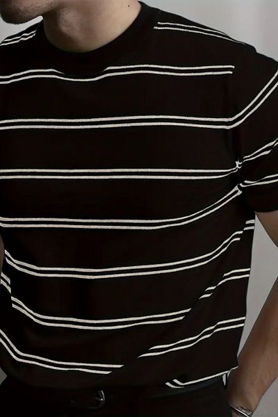 COOL TARZ Tricou pentru bărbați, cu detaliu în dungi, slim fit, cu decolteu triplu