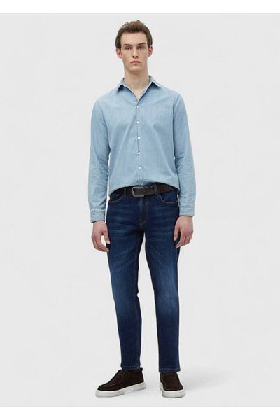 Ramsey Marineblaue, gerade, schmal geschnittene Denim-Baumwollmischungshose