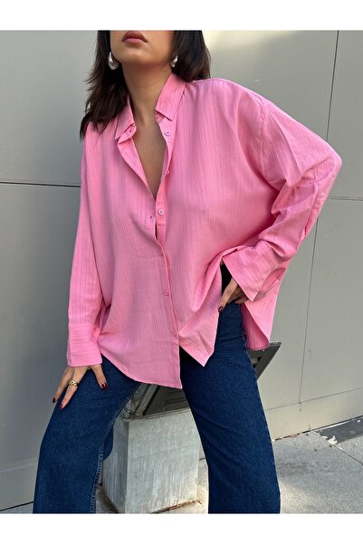 minaaise Pembe Oversize Geniş Manşetli Kadın Gömlek 27384