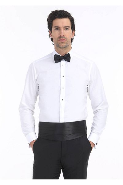 Ramsey Weißes, schlichtes Slim Fit Smokinghemd mit Doppelmanschette und klassischem Kragen