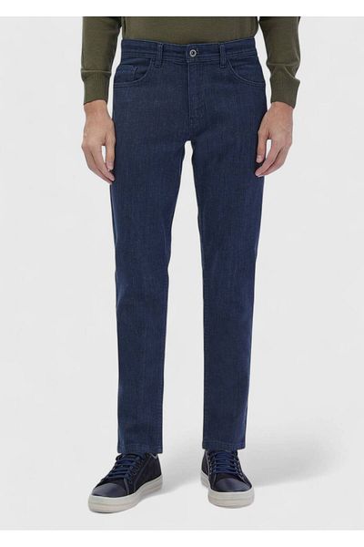 Ramsey Blaue, gerade, schmal geschnittene Denim-Baumwollmischungshose