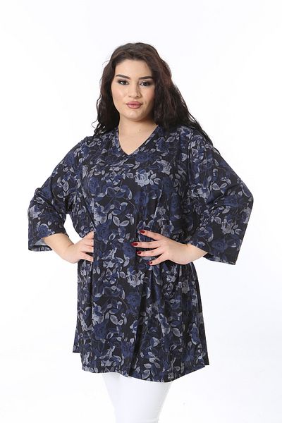 Şans Women's Plus Size Navy Blue V-Neckline Relaxed Fit Capri Sleeve Tunic Dress 65N38770