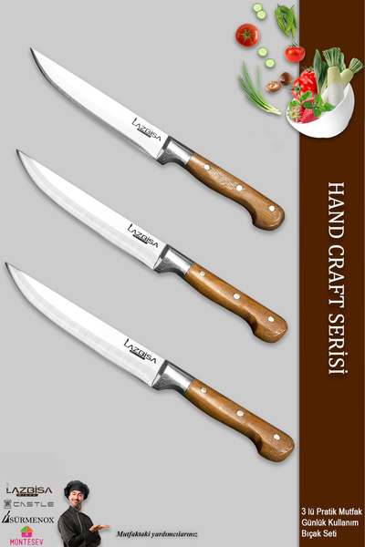 LAZBİSA Hand Craft Mutfak Bıçak Seti Et Ekmek Sebze Bıçağı 3 Lü Set Günlük Ku...