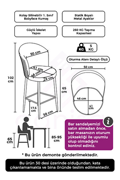 Canisa Alte Serisi 4 Adet Krem Sandalye 65 Cm Ada Mutfak Bar Sandalyesi Babyface Kumaş Beyaz Metal Ayaklı