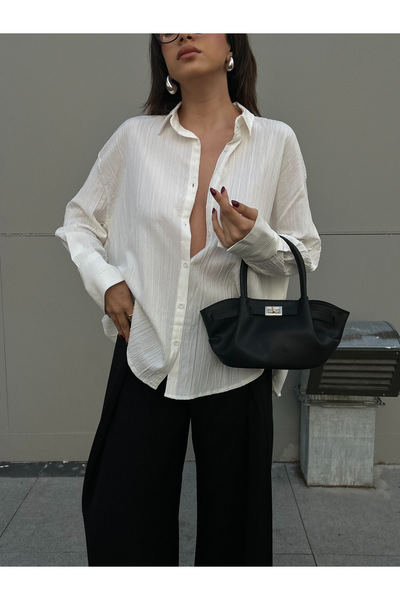 minaaise Beyaz Oversize Geniş Manşetli Kadın Gömlek 27384