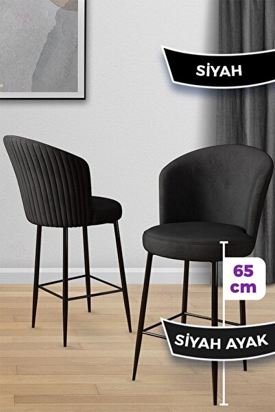 Canisa Alte Serisi 4 Siyah Sandalye 65 Cm Ada Mutfak Bar Sandalyesi Babyface Kumaş Siyah Metal Ayaklı