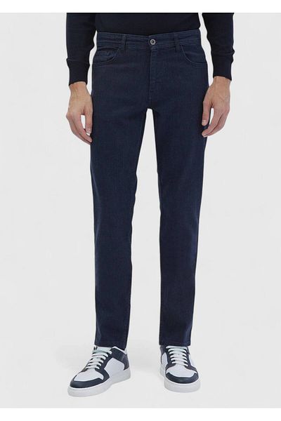 Ramsey Marineblaue, gerade, schmal geschnittene Denim-Baumwollmischungshose