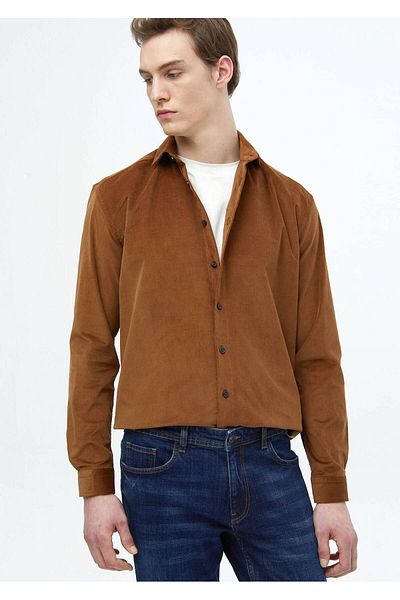 Ramsey Braune, einfarbige, gewebte Cord-Casual-Hemden aus 100 % Baumwolle