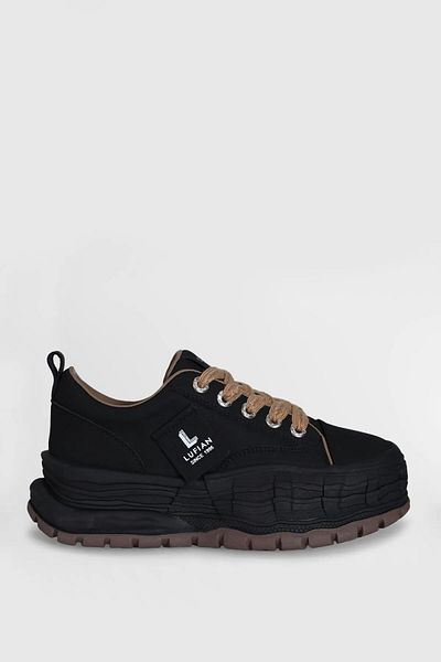 Lufian Black Leather Lace-Up High Sole Women's Sneaker Shoes
