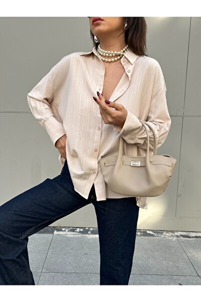 minaaise Bej Oversize Geniş Manşetli Kadın Gömlek 27384