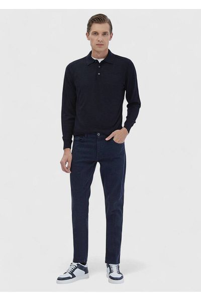 Ramsey Marineblaue, gerade, schmal geschnittene Denim-Baumwollmischungshose