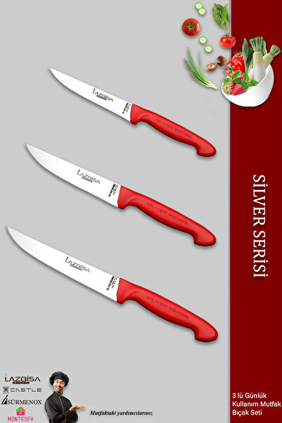 LAZBİSA Silver Serisi Mutfak Bıçak Seti Et Ekmek Sebze Meyve Bıçağı 3 Lü Set ...