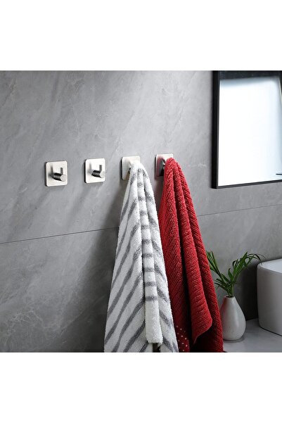 DELTAHOME Paslanmaz Çelik Yapışkanlı Havluluk - Tuvalet Kağıtlığı - 4 Adet Askılık SET INOX