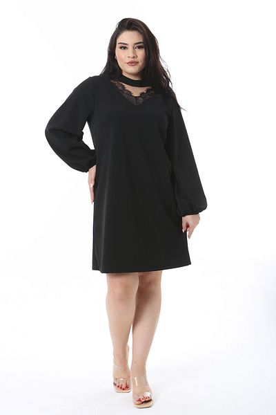 Şans Women's Plus Size Black Neckline and Lace Detail Long Sleeve Crepe Fabric Dress 65N38773