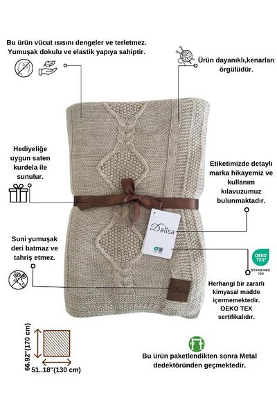 DALİSA Shiraz Knitwear Knit Warm Sofa Shawl, Decorative Blanket, Bedspread