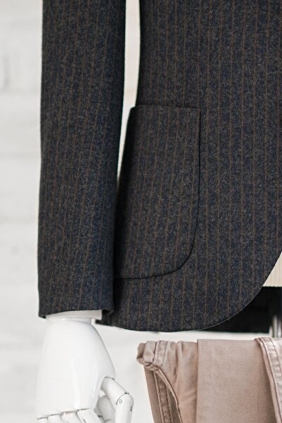 AKÇAYLAR Slimfit τσάντα τσέπης ριγέ μονό γιακά χωρίς επένδυση με διπλό σχιστό Lycra Χειμερινό ανδρικό μονό μπουφάν