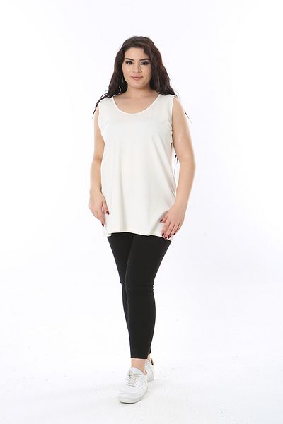 Şans Women's Plus Size Bone Crew Neck Sleeveless Lycra Long Blouse 65N38763