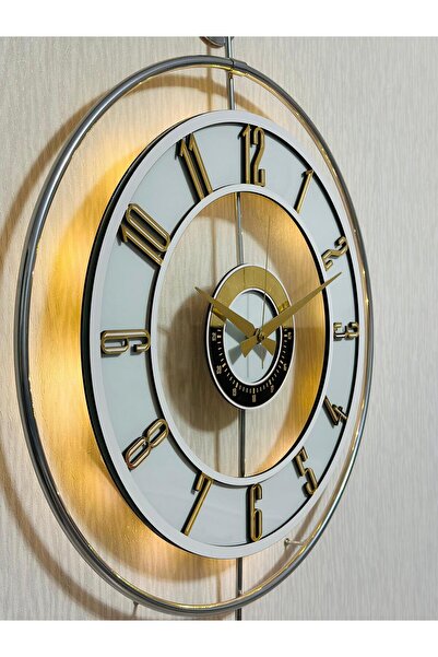 Pey Aksesuar Metal Camlı Duvar Saati  KROM STATIK 50 X 70cm ORTA Boy Işıklı G...