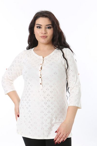 Şans Women's Plus Size Bone Front Placket Metal Button Capri Sleeve Lacquer Printed Blouse 65N38758